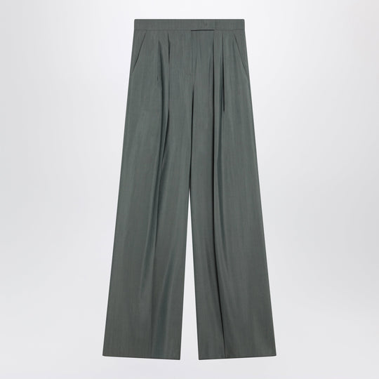 Dark Green Wide Trousers In Wool And Silk
