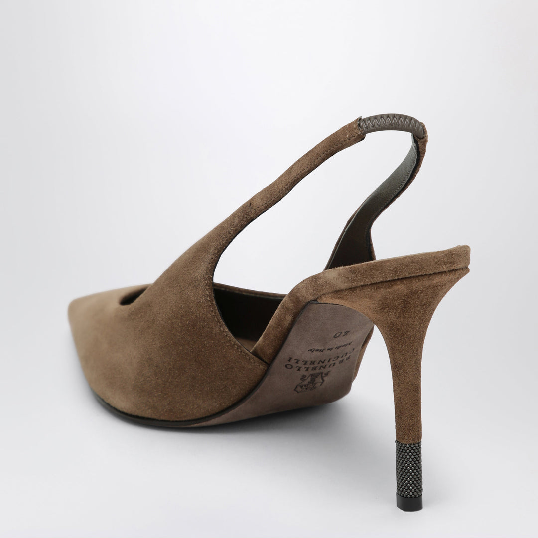 Brunello Cucinelli Zapatos de Salón Destalonados Caramelo Suede Con Joyas