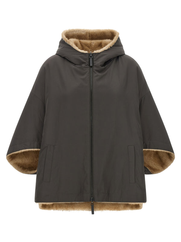 Reversible Cape With Hood Mantelle Grigio