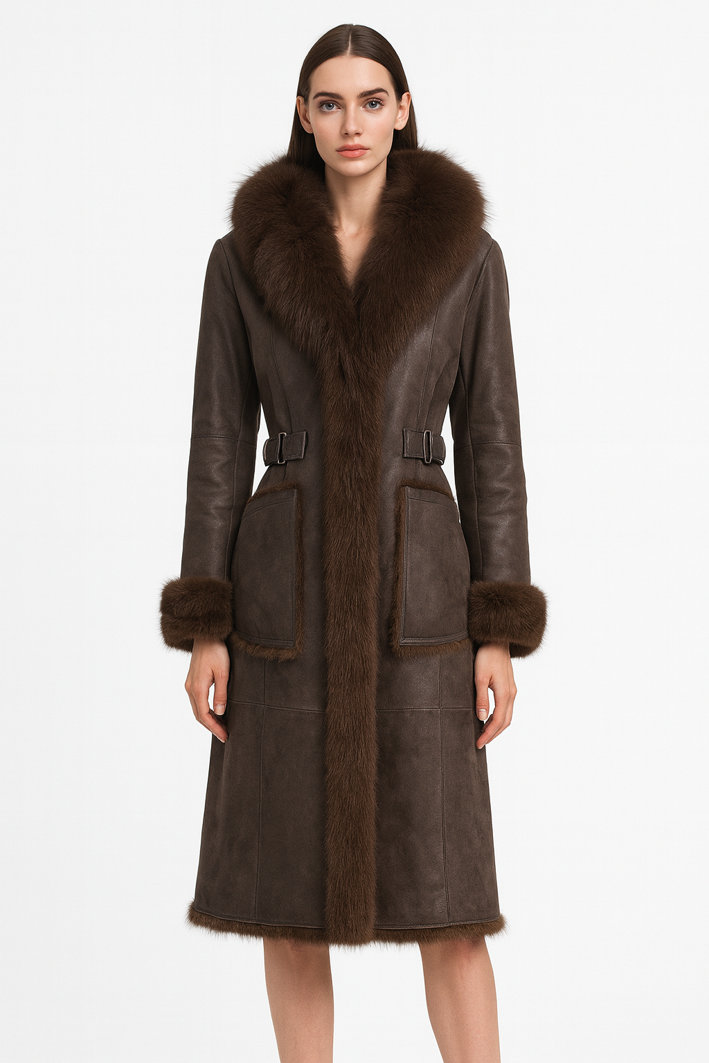 Cappotto Orleand Marrone in Pelle e Pelliccia di Volpe