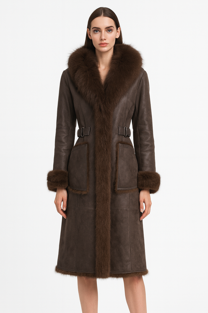 Cappotto Orleand Marrone in Pelle e Pelliccia di Volpe