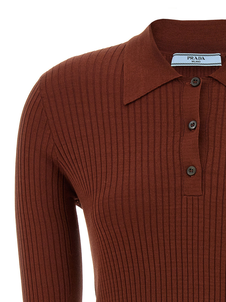 Prada Ribbed  Shirt Polo - Marrone | 857e669536ae9a38c6690b5b43a393ff6aa07823