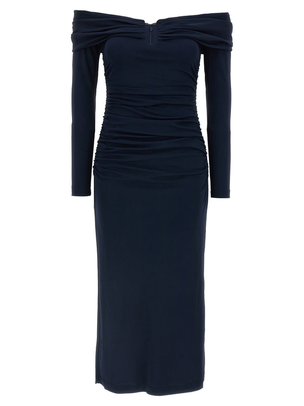 Off-Shoulder 3/4 Slv Ruched Midi Dresses Blue