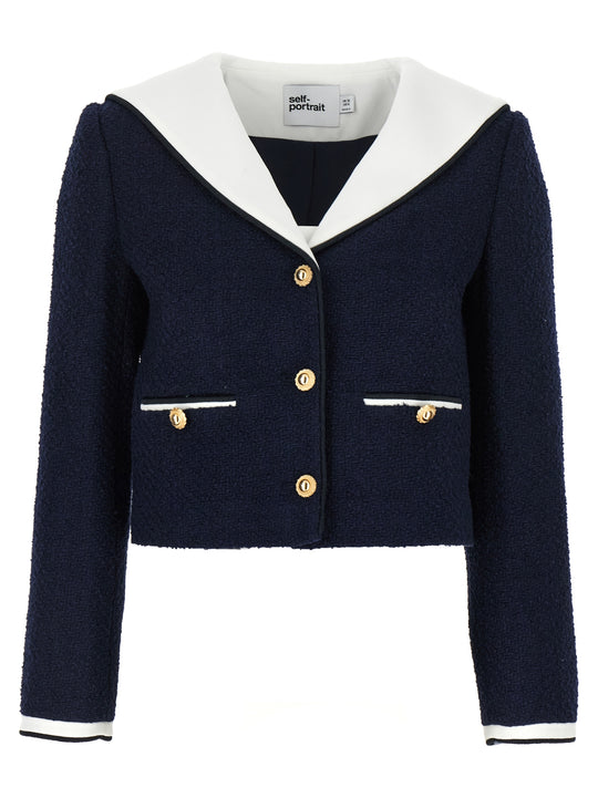 Navy Boucle Contrast Collar Blazers Blu