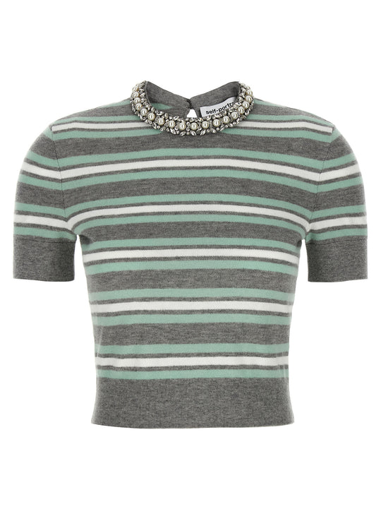 Grey Striped Crystal Trim Knit Maglioni Grigio