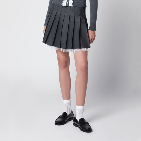 Pleated Wool Mini Skirt With Lace Trim In Grey