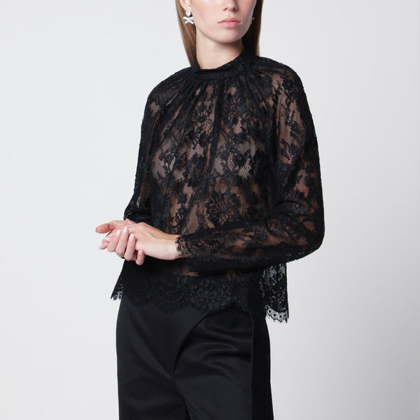 High-Neck Lace Blouse With Long Sleeves In Black