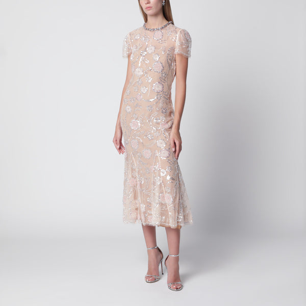 Floral Sequin Midi Dress In Pink Polyester
