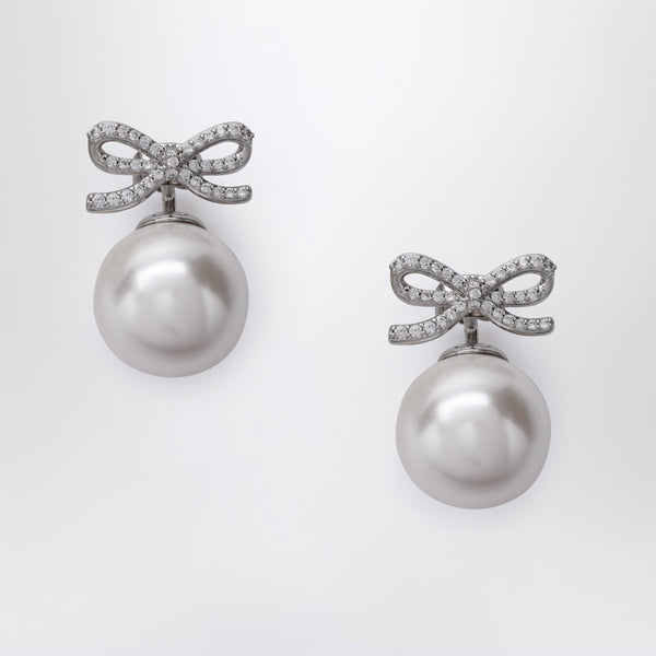 Crystal Bow And Back Pearl Earrings In Silver