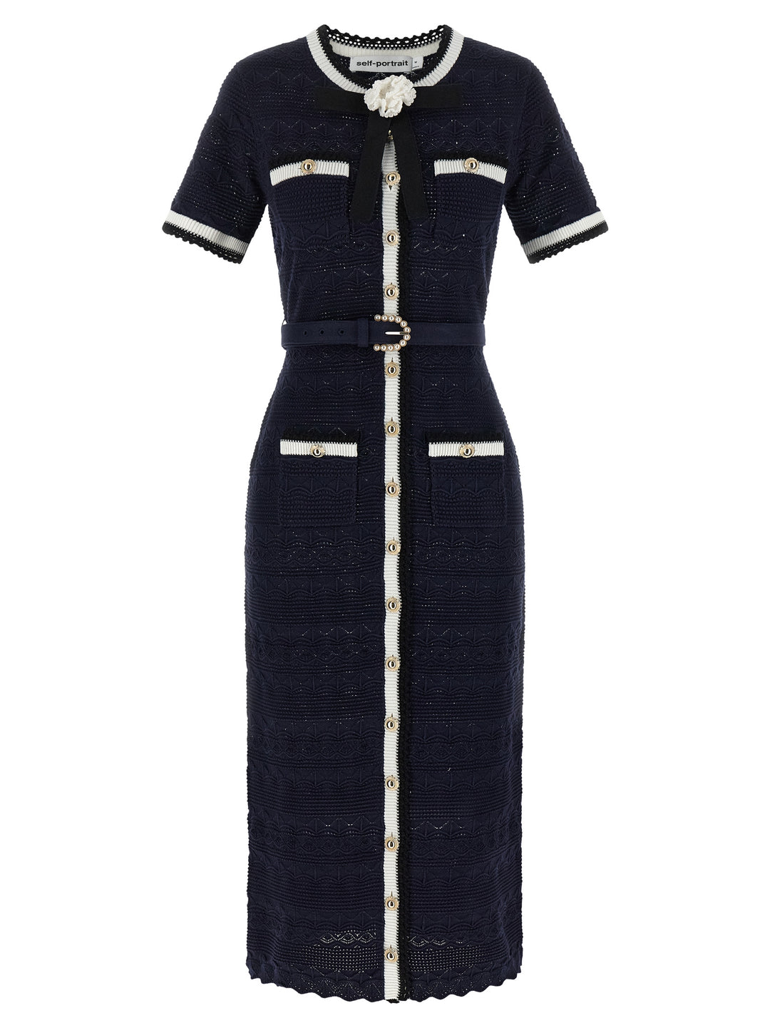 Self Portrait Navy Pointelle Knit Midi Abiti - Blu | 4730a3460b8d8b39320604a593b423bea8be06a2