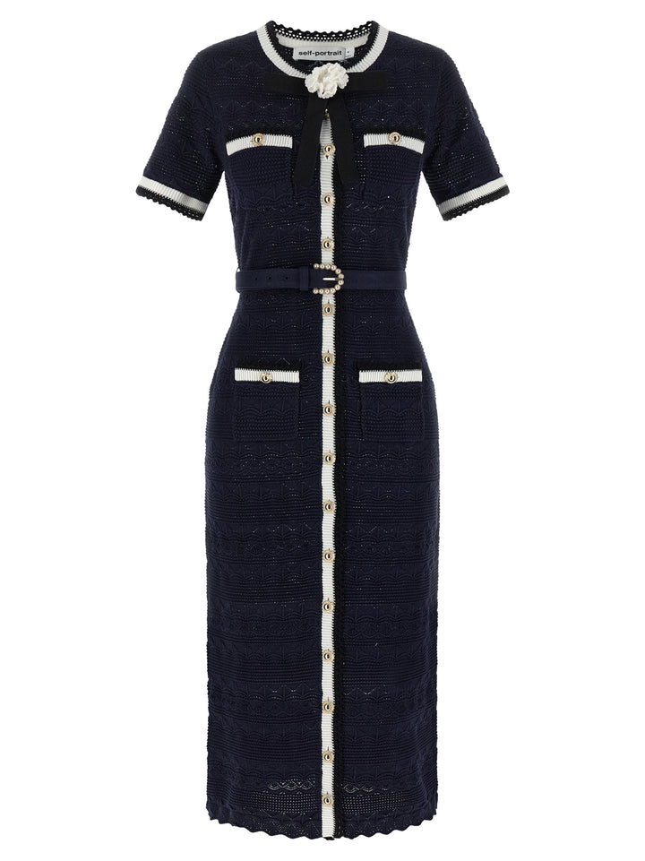 Self Portrait Navy Pointelle Knit Midi Abiti - Blu | 4730a3460b8d8b39320604a593b423bea8be06a2