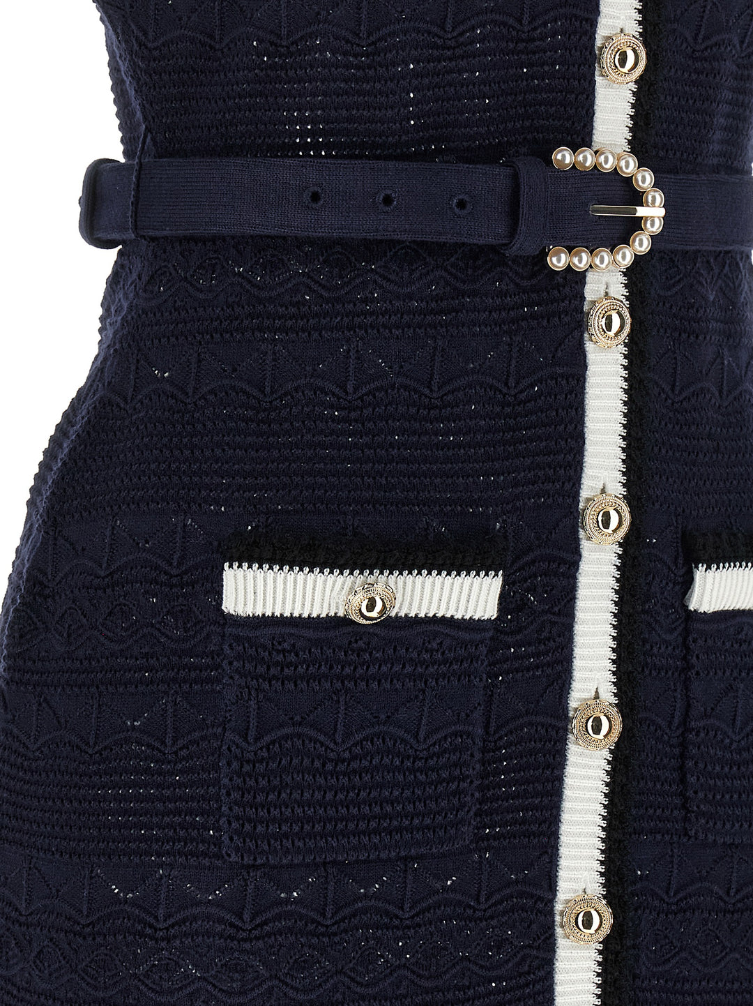 Self Portrait Navy Pointelle Knit Midi Abiti - Blu | c7743cc2756e55f8948f110d1dbb64d5b89856ea