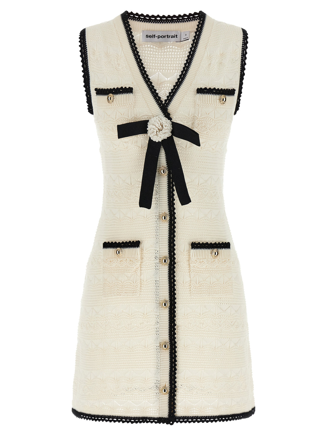 Self Portrait White Pointelle Knit Mini Abiti - Bianco/Nero | 2c98d8918b46faff65375e4e266eae3ae8762165