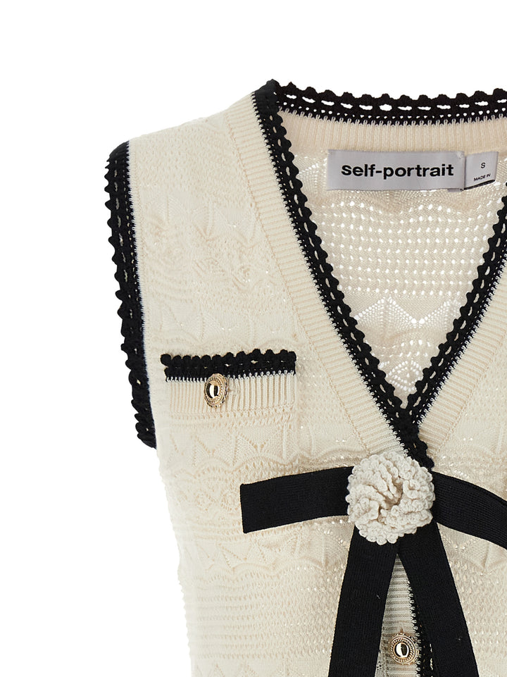 Self Portrait White Pointelle Knit Mini Abiti - Bianco/Nero | 261b14b78361f78d6ea955ab5453a0dd1e99105a