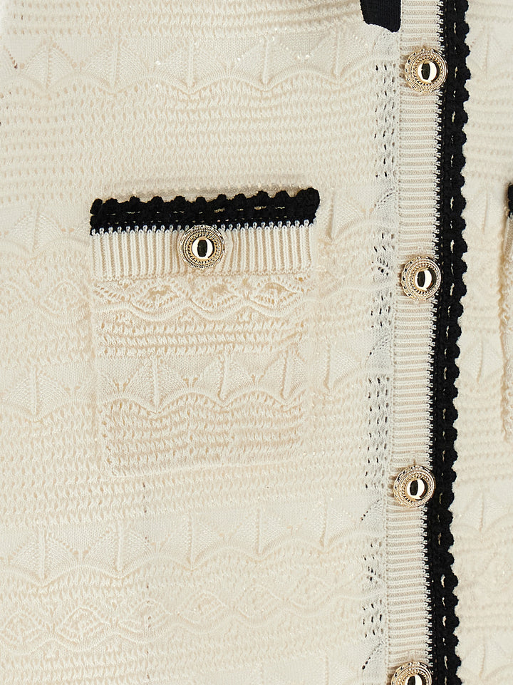 Self Portrait White Pointelle Knit Mini Abiti - Bianco/Nero | 27e1c5387aa70a5f65000d5558763ade34d5414d
