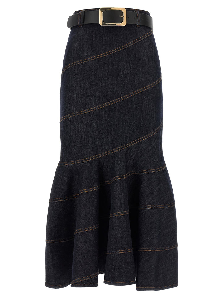 Self Portrait Indigo Denim Belted Midi Gonne - Blu | 4d29d8aa4c14f25d48b64593dedc16eb3dd6edb7