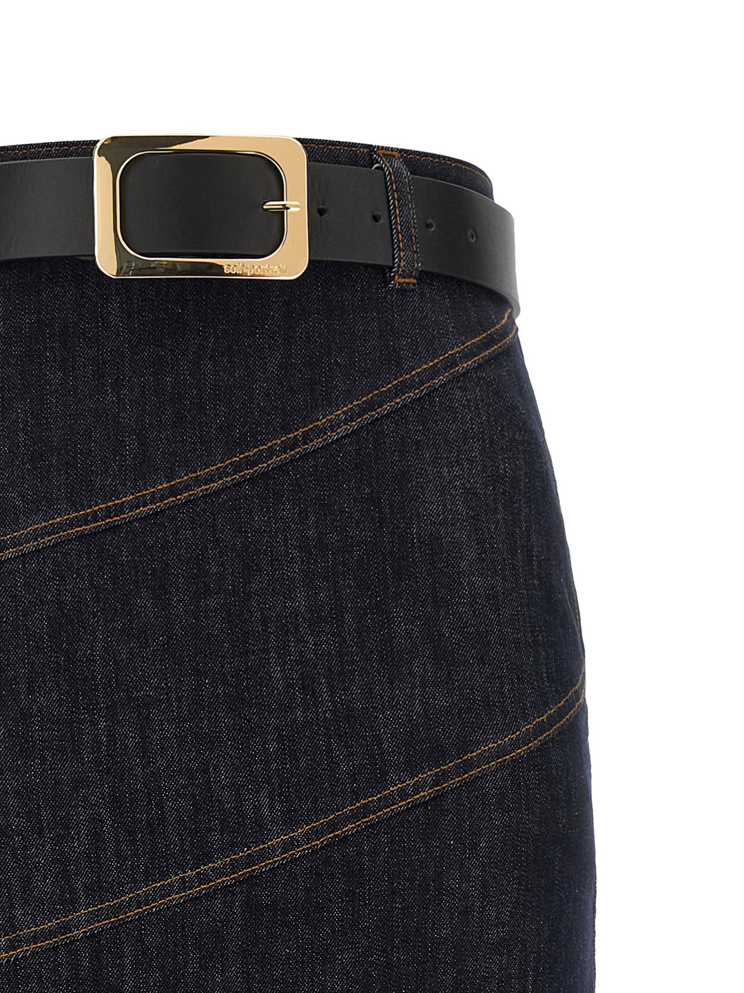 Self Portrait Indigo Denim Belted Midi Gonne - Blu | 57ccba917666582fd76dd4278e78d986e00a1135