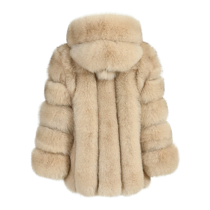 Giacca Paris con Cappuccio Beige in Pelliccia di Volpe