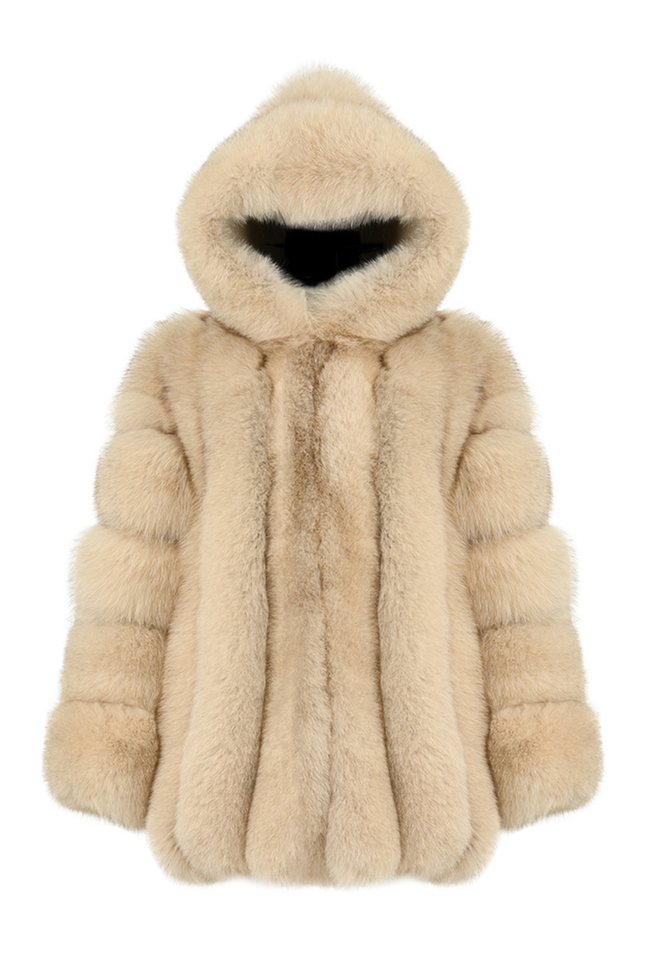 Giacca Paris con Cappuccio Beige in Pelliccia di Volpe