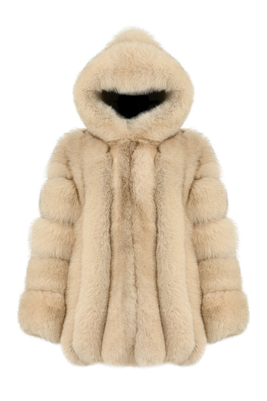 Giacca Paris con Cappuccio Beige in Pelliccia di Volpe