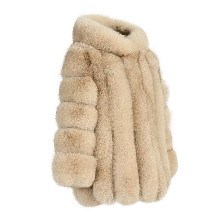 Giacca Paris con Cappuccio Beige in Pelliccia di Volpe