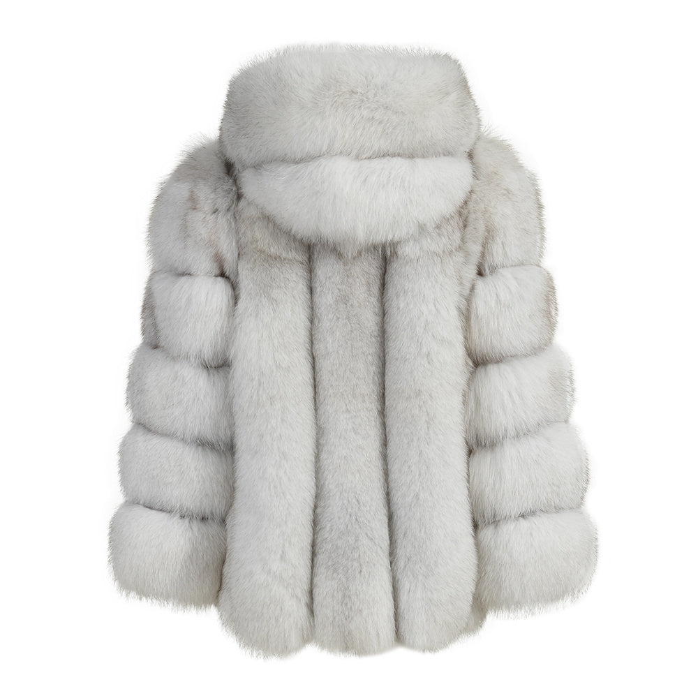 Giacca Paris con Cappuccio bianca in Pelliccia di Volpe