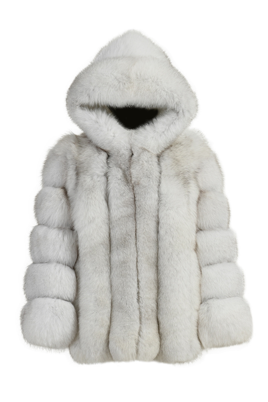 Giacca Paris con Cappuccio bianca in Pelliccia di Volpe
