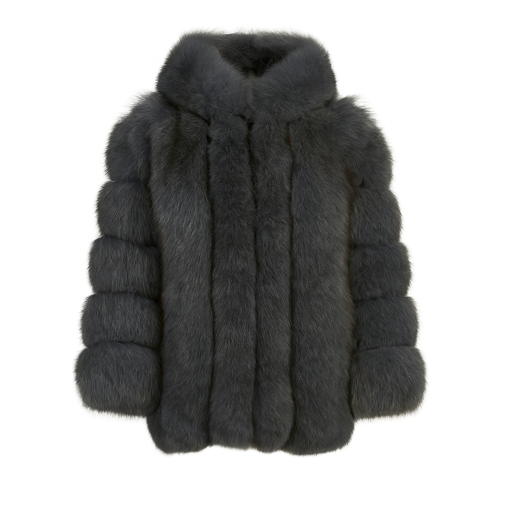 Giacca Paris con Cappuccio Grigia Scuro in Pelliccia di Volpe