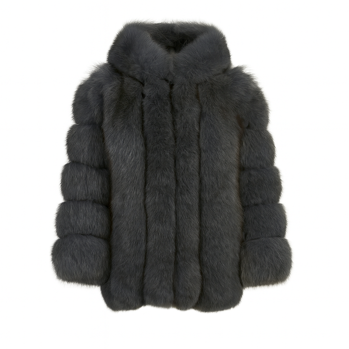 Giacca Paris con Cappuccio Grigia Scuro in Pelliccia di Volpe