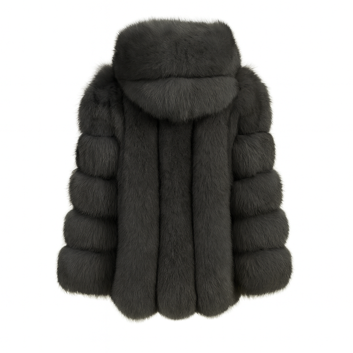 Giacca Paris con Cappuccio Grigia Scuro in Pelliccia di Volpe