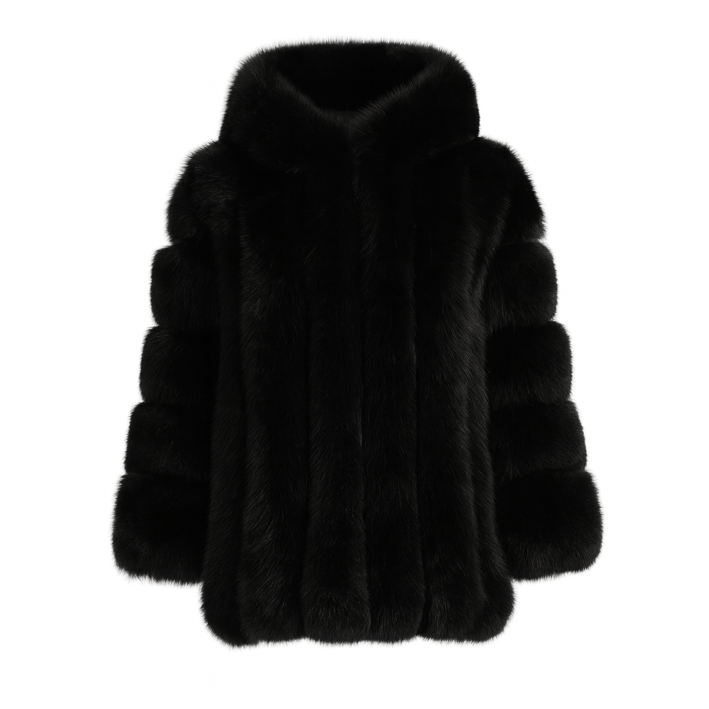 Giacca Paris con Cappuccio Nera in Pelliccia di Volpe