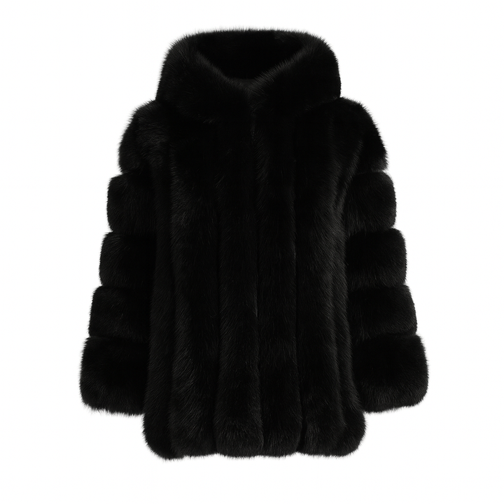 Giacca Paris con Cappuccio Nera in Pelliccia di Volpe