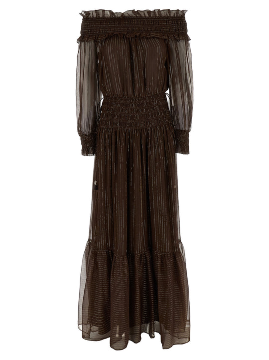 Brown Georgette Off Shoulder Maxi Abiti Marrone