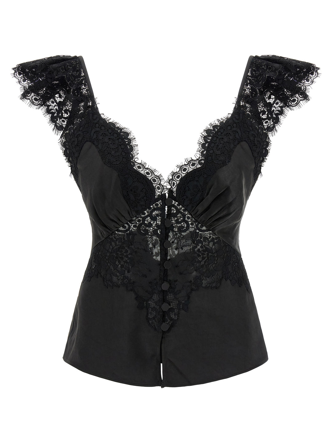 Self Portrait Black Satin Lace Top - Nero | 24cb78457307db56ec9e24af97ee6dfacd1cb842