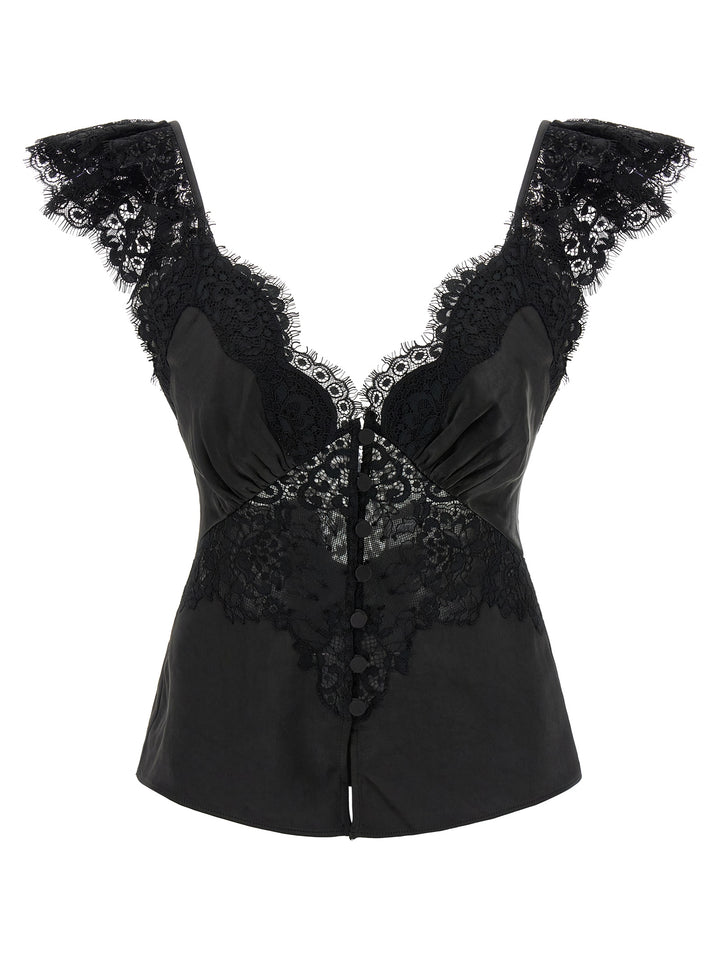 Self Portrait Black Satin Lace Top - Nero | 24cb78457307db56ec9e24af97ee6dfacd1cb842