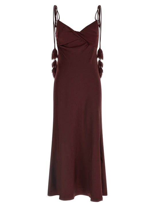 Burgundy Satin Flower Midi Abiti Bordeaux
