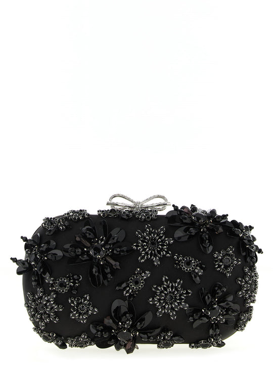 Black Satin Floral Crystal Clutch Nero