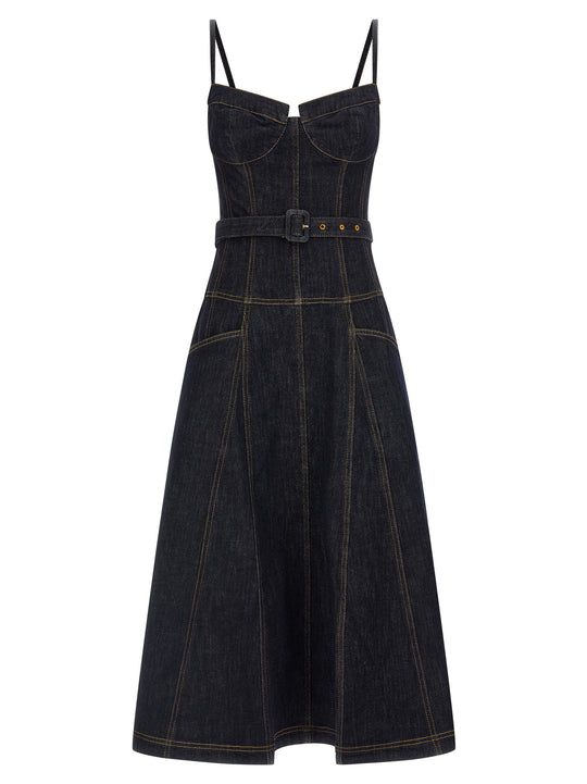Indigo Denim Flared Midi Abiti Blu