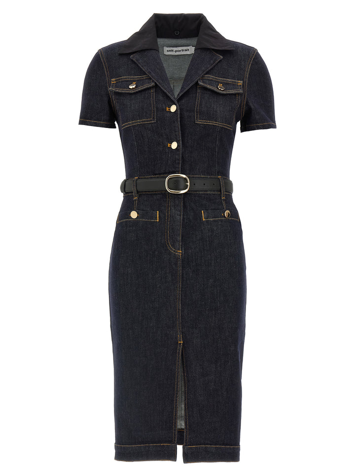 Self Portrait Indigo Denim Midi Abiti - Blu | d90f4d70909fbe6ac816914fe1310c86acd29aa0