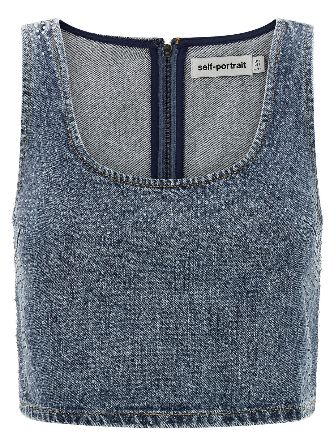Self Portrait Rhinestone Denim Crop Top - Blu | bc52a9e35f6118acba53341a0c1d710714dc8f6a