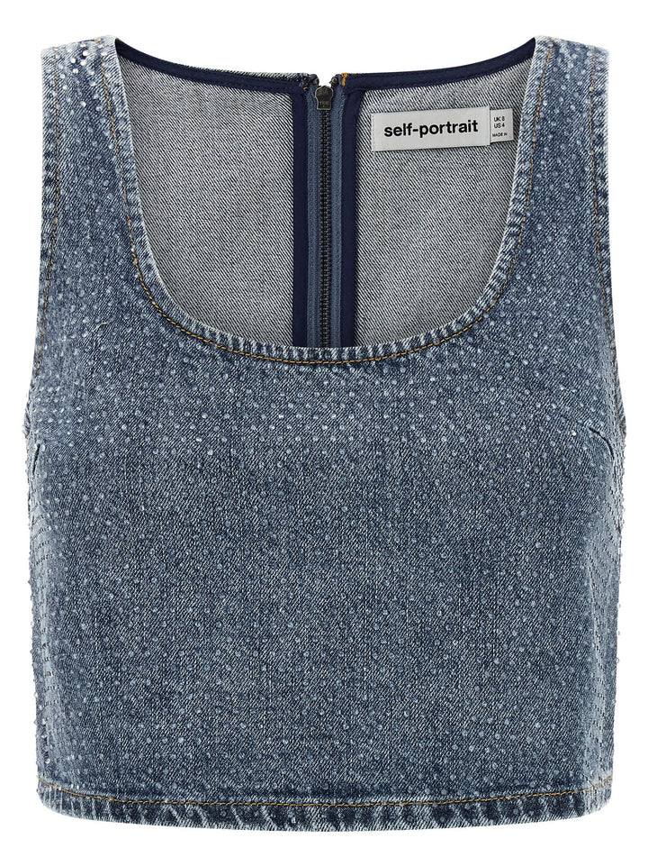 Self Portrait Rhinestone Denim Crop Top - Blu | bc52a9e35f6118acba53341a0c1d710714dc8f6a