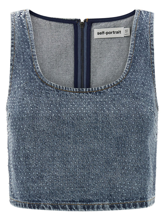 Rhinestone Denim Crop Top Blu