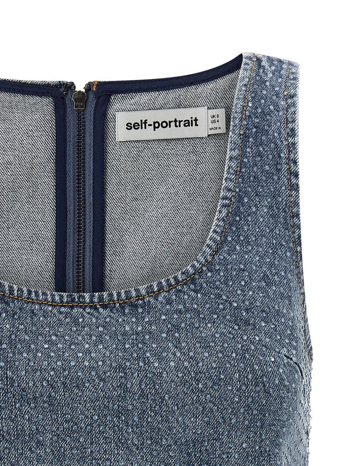 Self Portrait Rhinestone Denim Crop Top - Blu | 3d603f1bb550dff4b76bf3f977dce6ffff86b0c8