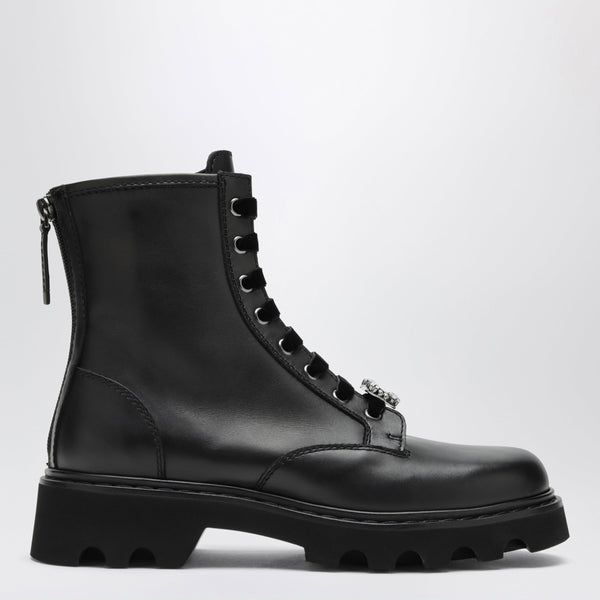 Black Leather Ankle Boots With Rhinestone Buckle