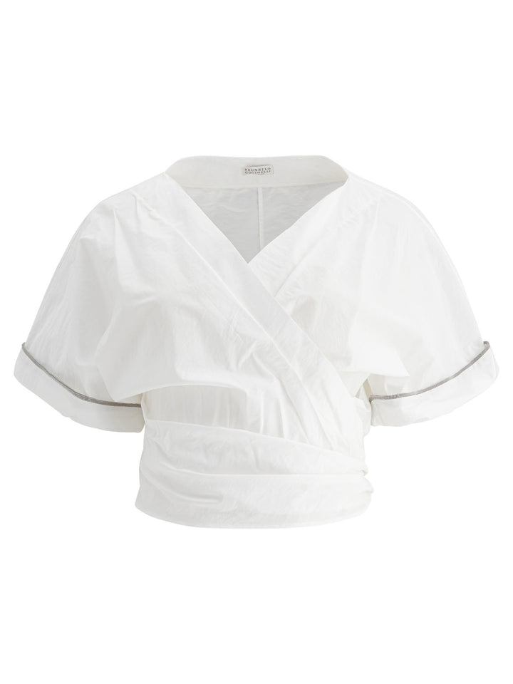Brunello Cucinelli Kimono Style Top With Shiny Trims Top - Bianco | b504a0c2a1b8bf8632a15cc09151b2449b1892f2