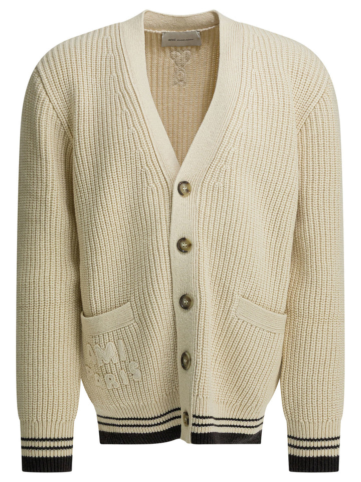 Ami Paris Wool Cardigan With Logo Knitwear - Bianco | f96c4b9ecff4d61e6e6c1fc086f5e19ed80d2157