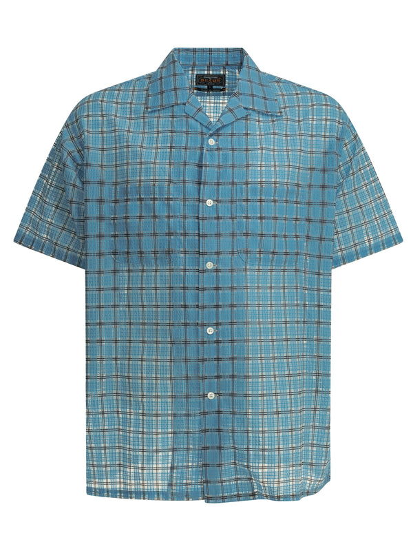 Open Collar Nylon Airy Plaid Shirts Light Blue