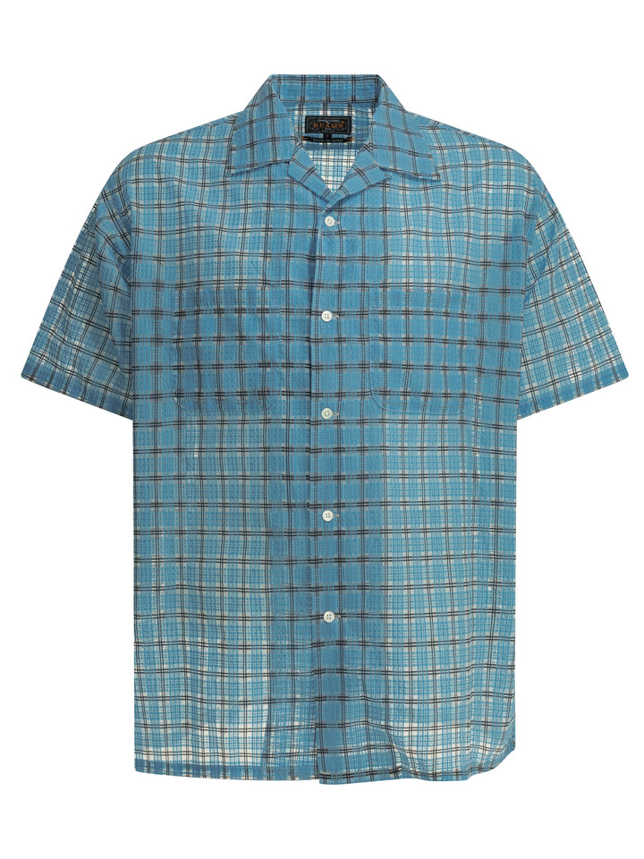 Beams Plus Open Collar Nylon Airy Plaid Shirts - Light blue | fc682f5884bf3a1c06e41b7e9aa981fc817d7530