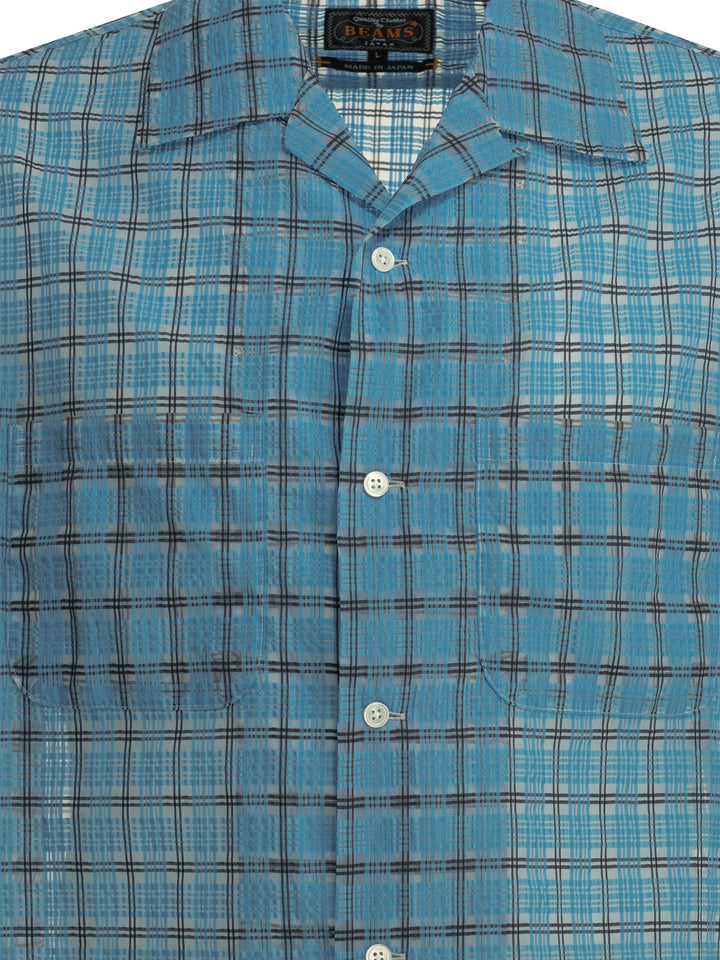 Beams Plus Open Collar Nylon Airy Plaid Shirts - Light blue | ac00b582b789978a4f97f502a54dd1630ed0eda6