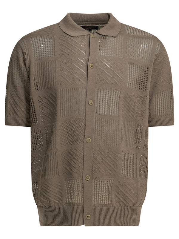 Textured Knit Button-Down Polo Shirt Polo Shirts Marrone